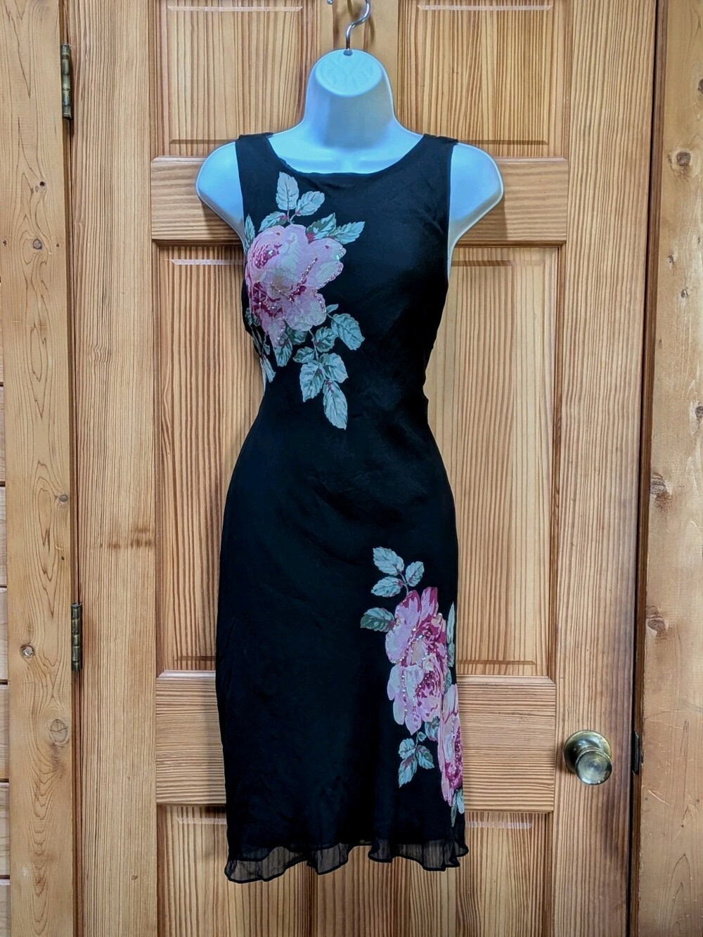 Y2K Robbie Bee Dress M Beaded Sequined 100% Silk Chiffon Midi Floral Rose Classy